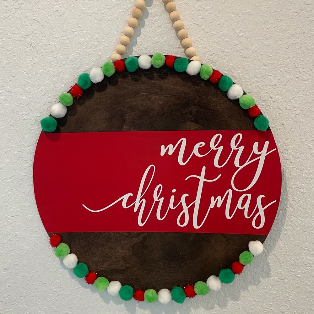 Merry Christmas Sign | Pom Pom Welcome Sign | Christmas Wreath | Happy Holidays